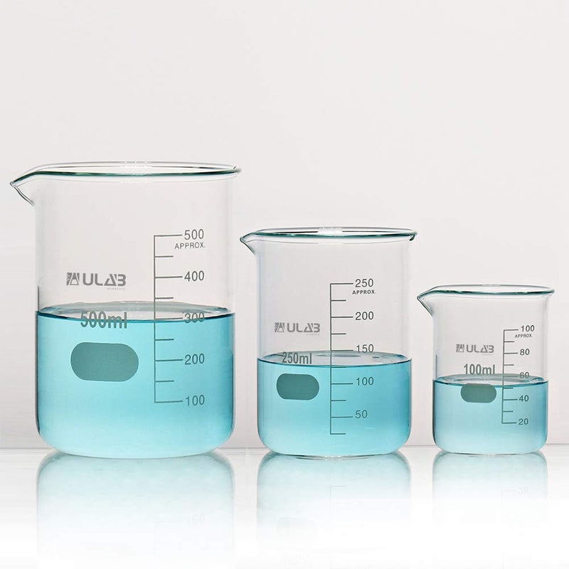 ULAB Scientific Low Form Griffin Glass Beaker Set with Magnetic Stir Bar Offered, 3 Sizes 100ml 250ml 500ml, 3.3 Borosilicate Glass, Printed Graduation, UBG1004 - Image 3